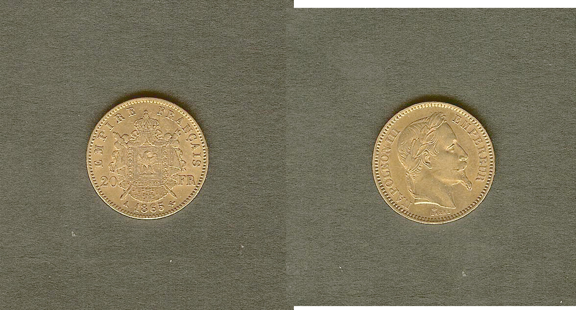 20 francs or Napoléon III, tête laurée 1865 Paris TTB+